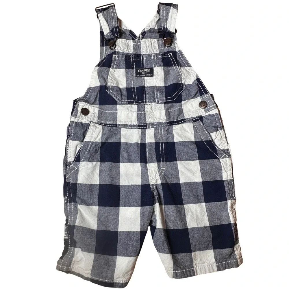 OshKosh B'gosh Overalls Toddler 4T Navy White Plaid Excellent Vestbak Shortalls